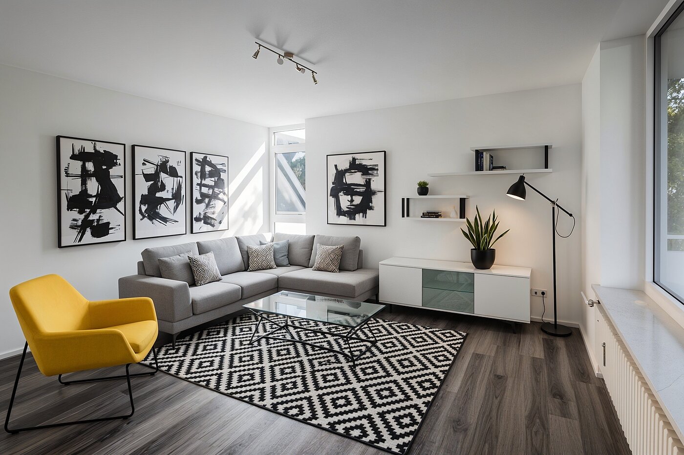 レイズド・グラウンドフロアー（一階が地表よりも高い） 部屋数 1 部屋 | München-Obermenzing | 70282 | KI-generiertes Möblierungsbeispiel