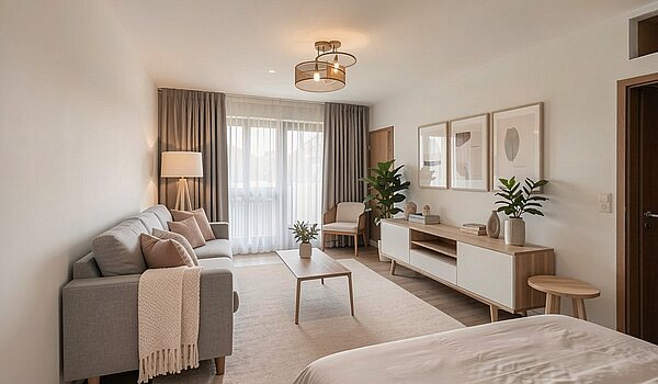 Apartment 部屋数 1 部屋 | München-Laim | 70503 | - Wohnzimmer, Skandinavisch - (KI generiert)