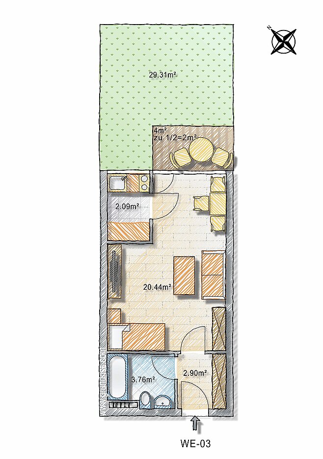 Apartment 部屋数 1 部屋 | München-Schwabing | 70257 | - nicht maßstabsgetreu -
