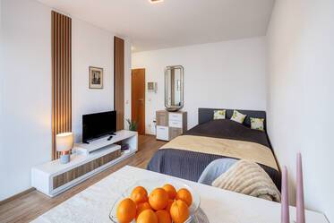 明るいテラス付きアパートと小さな庭